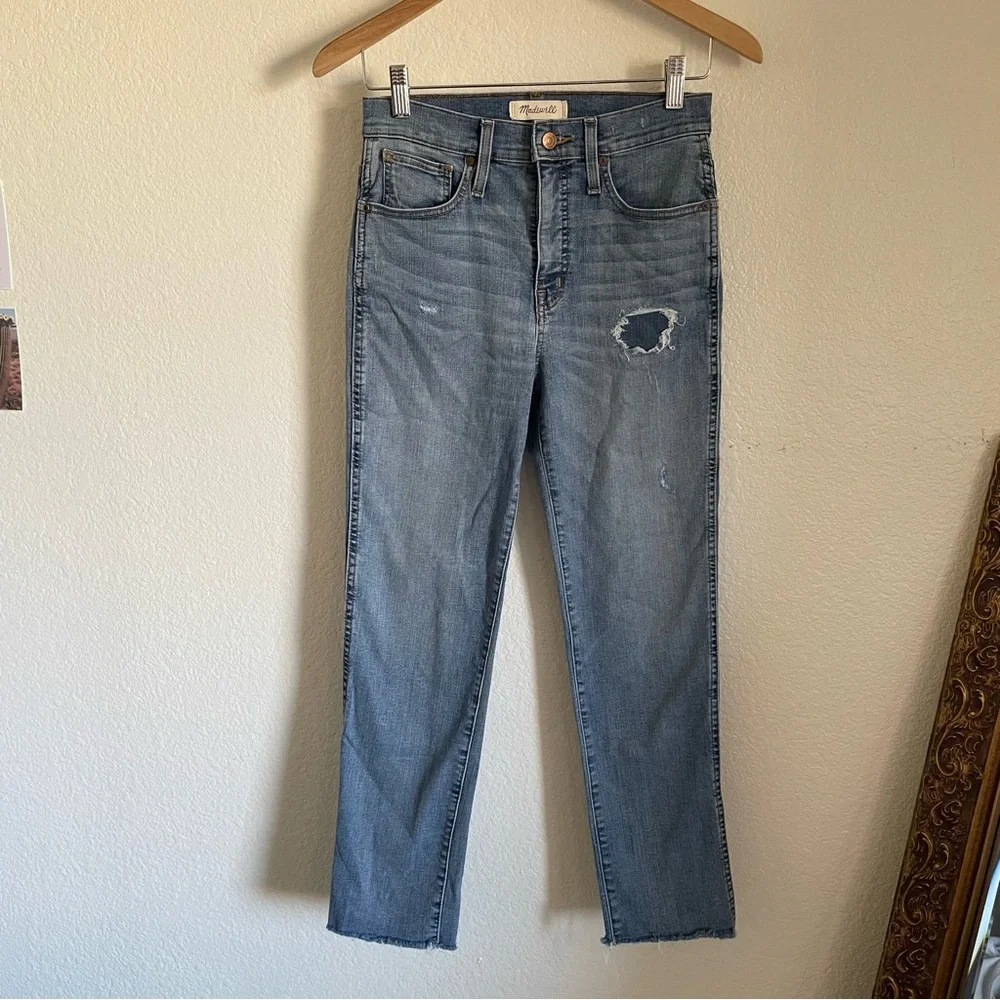 Madewell Slim Straight Crop Jeans Frayed Ankle Hem Distressed Patch K7984